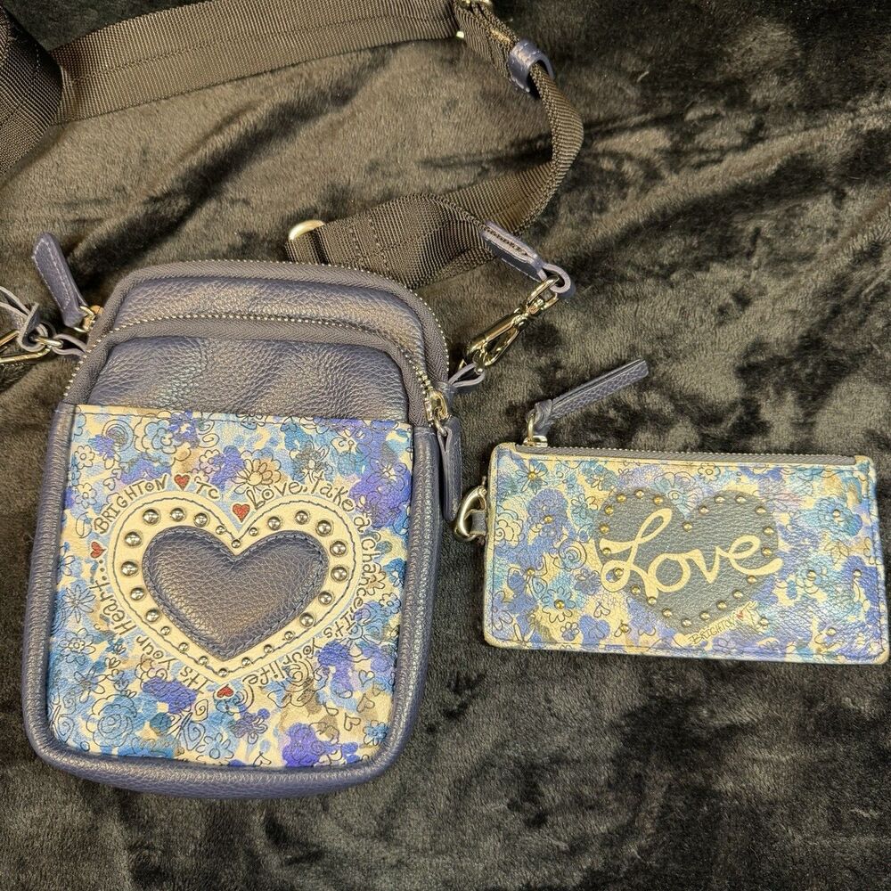 BRIGHTON “LOVE” BLUE SMALL CROSSBODY HEART LOVE ACCENT BAG PURSE AND WALLET RARE